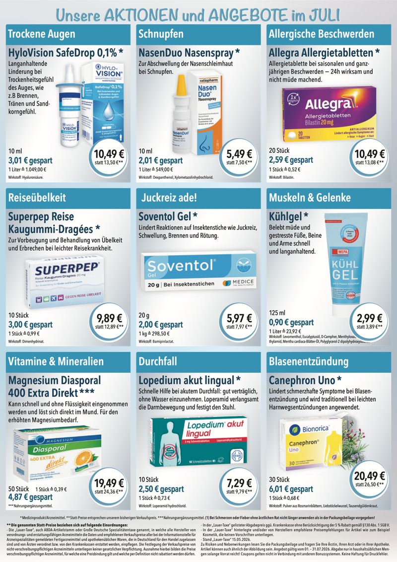 Monatlicher Angebotsflyer der Apotheke im Chinon Center mit Informationen zu Öffnungszeiten, Leistungen, Aktionen und wechselnden Produktangeboten aus Bereichen wie Gesundheit, Pflege und Selbstmedikation.